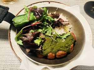 Vegan Veggie balls with spinat sauce, rice and salad! at Salt Cafe & Bistro in Egilsstadir