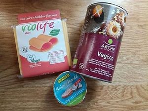 Vegan cheese, vegan egg and coconut & almond spread. at Gajbica in Trbovlje