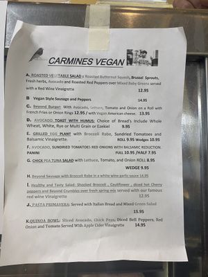 Vegan lunch menu at Carmine's Italian Deli in Elmsford