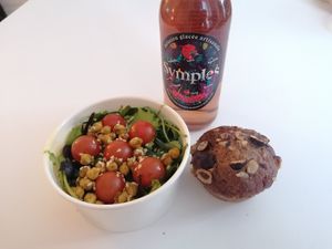 Carrot cake, salad and drink at Hank Cuisine Végétale - Rochechouart in Paris