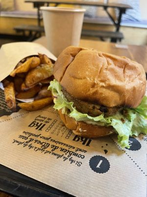 Ronald burger with fries and a drink   at Hank Cuisine Végétale - Rochechouart in Paris