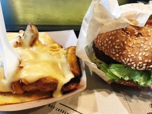 Cheese fries and beyond meat burger! Delicious ! at Hank Cuisine Végétale - Rochechouart in Paris