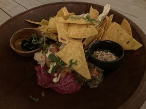 3 dips with bread and nachos  at Genius Cafe in Sanur