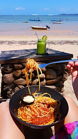 Genius vegan bolognaise ? + Nourish avocado and cucumber juice ? = best hangover cure ever ??⛱ at Genius Cafe in Sanur