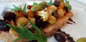 Seasonal roasted vegetables on homemade toast, a light and healthy dish! at Kinetic in Mataro