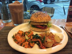 Chocolate soy milkshake and tofu burger. at Origenes Organicos - Hipodromo Condesa in Mexico City