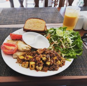 Tofu breakfast at Pumpernickel Bakery and Babylon Cafe in Pokhara