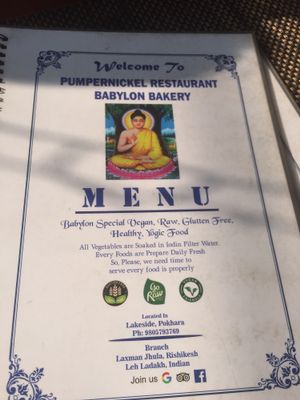 Menu cover at Pumpernickel Bakery and Babylon Cafe in Pokhara
