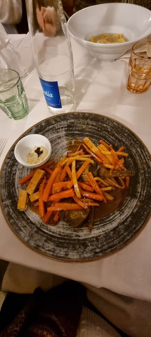 Tofu and vegetables with orange mayo (you have to ask without cheese) at La Corte in Ravenna