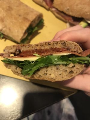 Sandwich with vegan mock meat and cheese at Duecento Gradi in Rome