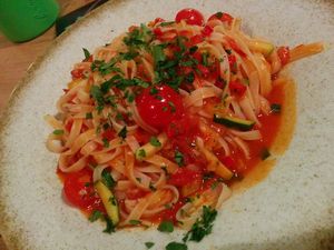 Rice noodles with vegetables.

Photo by: Predatoria M. on Facebook at Uno Rajh in Murska Sobota