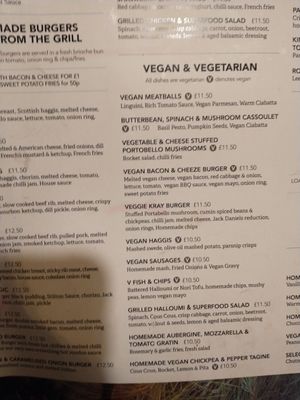 Vegan menu at The Market Pub in Chesterfield