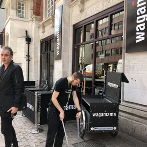Outside restaurant, outside seating at front at  Wagamama - Hammersmith in West London