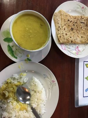 Lentil soup Rice and chapati at Marie Min in Mandalay