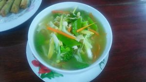 Noodle soup with veggies and tofu at Marie Min in Mandalay