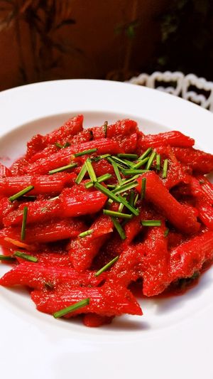 Pasta with beetroot sauce at Hostal Patio de 27 in Havana