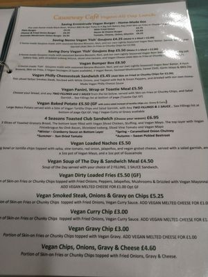 Vegan menu at Causeway Cafe in Belfast