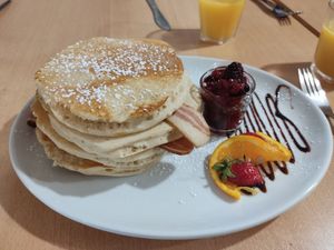 Vegan Boston pancakes stack at Causeway Cafe in Belfast