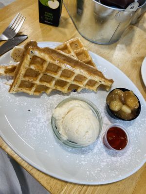 Waffles, cinnamon apples, maple syrup, ice cream  at Causeway Cafe in Belfast