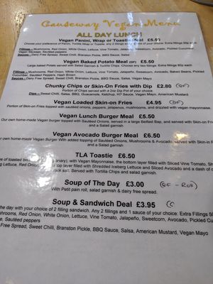 Vegan menu on every table :) at Causeway Cafe in Belfast