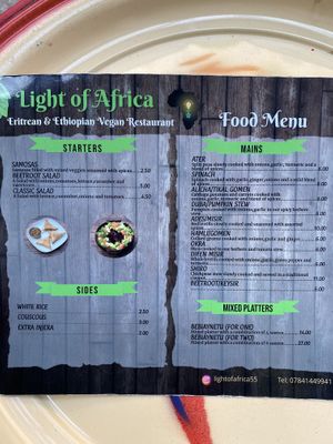Menu  at Light of Africa in South West London