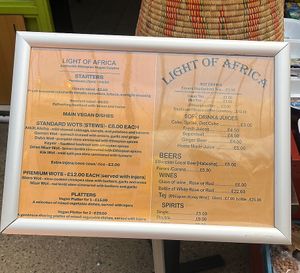 Menu  at Light of Africa in South West London