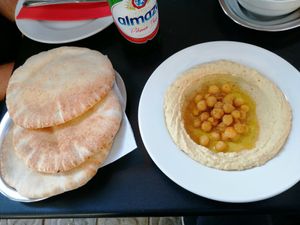 Hummus with tahini and pita at IAKNI in Barcelona