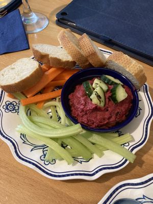 Updated beet hummus with veggies and crostini.  at VanGogh's Eeterie in Springfield