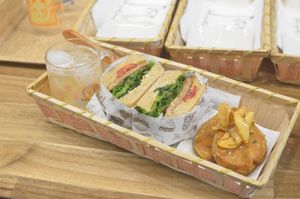 A homemade burger plus pancakes, plus homemade cola 7,500 won. at No Meat Burger Health in Busan