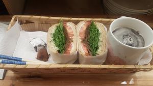 Bean bulgogi burger with herbal tea at No Meat Burger Health in Busan