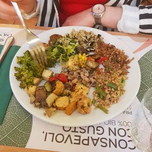 Vegetarian (vegan ?) plate by weight for lunch at Bio's Kitchen in Bologna
