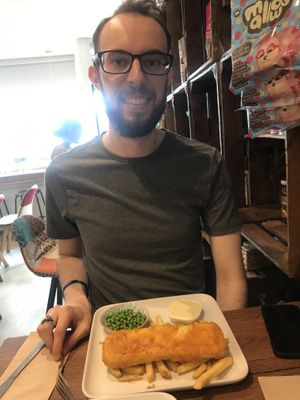 Rich very happy with his tofish  at Vegetus in Cheltenham