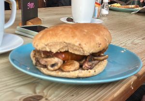 Vegan breakfast bun on brown  at Cranberry Swamp in Whitby