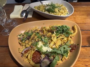 Pasta sizilianisch und Trüffel-Sahne (vegan)  at Genusswerkstatt in Potsdam