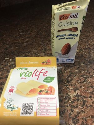 Violife vegan cheese and Ecomil almond cooking cream they use. at Pizzeria Maxi in Maribor