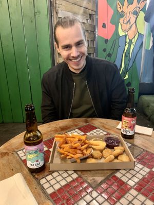Nuggets with two dips and sweet potato fries at Las Vegan's - Vegan Garden Trailer in Budapest