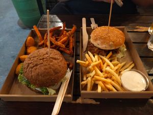 Two burgers- Pull Pork and Carrot. Nuggets, sweet potato fries and regular fries. Garlic mayo dip. at Las Vegan's - Vegan Garden Trailer in Budapest