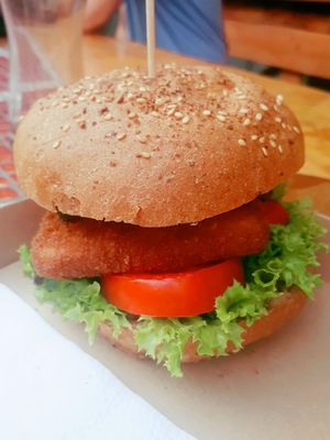 The Coated burger. Basically breaded and deep fried vegan cheese in burger format at Las Vegan's - Vegan Garden Trailer in Budapest