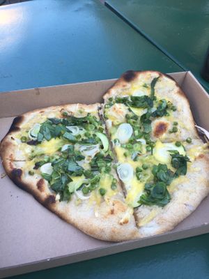 Great green pizza (garlic base) for around 1650 Huf - ~ 5€ at Las Vegan's - Vegan Garden Trailer in Budapest