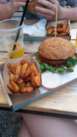 Vegan burger with chips (the drink was from another stall) at Las Vegan's - Vegan Garden Trailer in Budapest