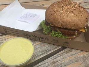 Gorgeous burger!:-) at Las Vegan's - Vegan Garden Trailer in Budapest