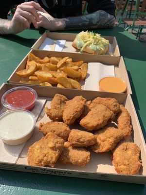 nuggets and steak fries, cheese sauce (vexicana pictured in the background)  at Las Vegan's - Vegan Garden Trailer in Budapest