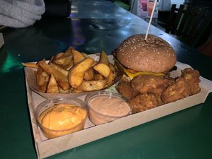 Hot cheezy, nuggets, steak potato, cheeze sauce & hamburger sauce! at Las Vegan's - Vegan Garden Trailer in Budapest