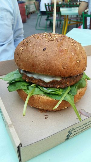 Magic mushroom burger at Las Vegan's - Vegan Garden Trailer in Budapest