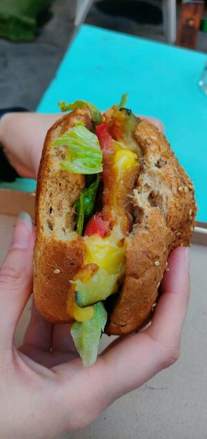 Sweet dreams burger with cheese pattt at Las Vegan's - Vegan Garden Trailer in Budapest