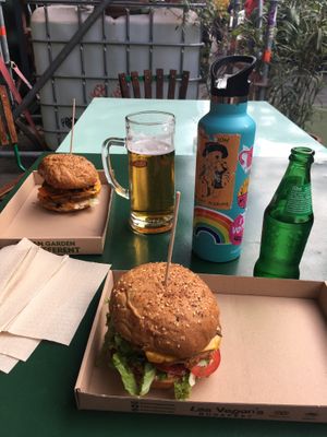 Hot cheesy and lord seitan burgers 😄 at Las Vegan's - Vegan Garden Trailer in Budapest