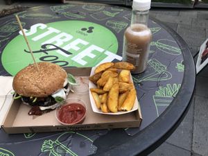 Not just the Burger - the Apple/Pear juice was nice too! Standing room only! at Las Vegan's - Allee Street Food Trailer in Budapest
