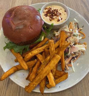Vegan Burger with sweet potsto fries at Mahalo  - Odengatan in Stockholm