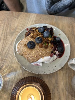 Banana bread drowned in toppings  at Mahalo  - Odengatan in Stockholm