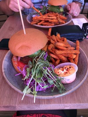 burger with sweetpotato fries *yummi* at Mahalo  - Odengatan in Stockholm